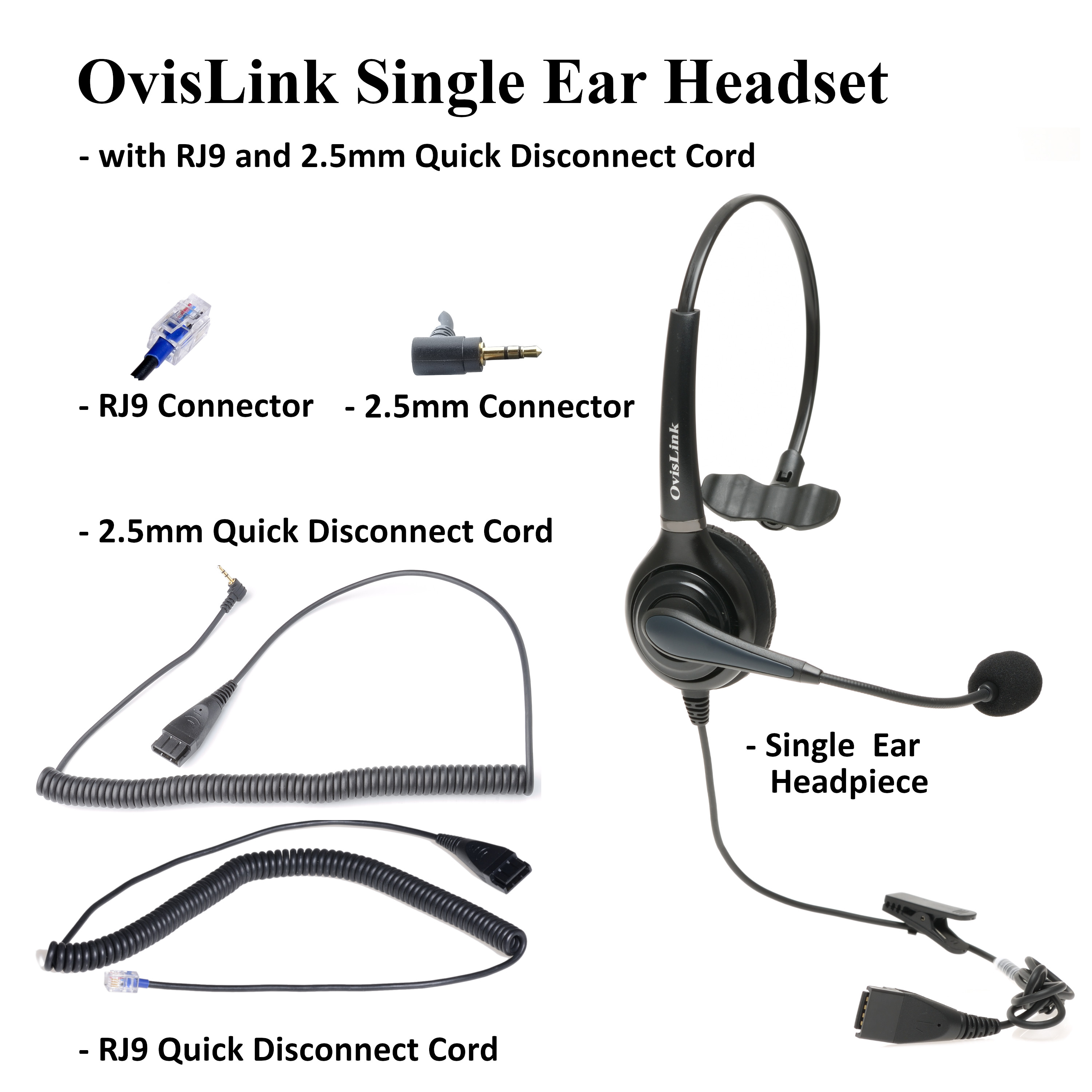OvisLink Single Ear Headset with RJ9 and 2.5mm Quick Disconnct Cord